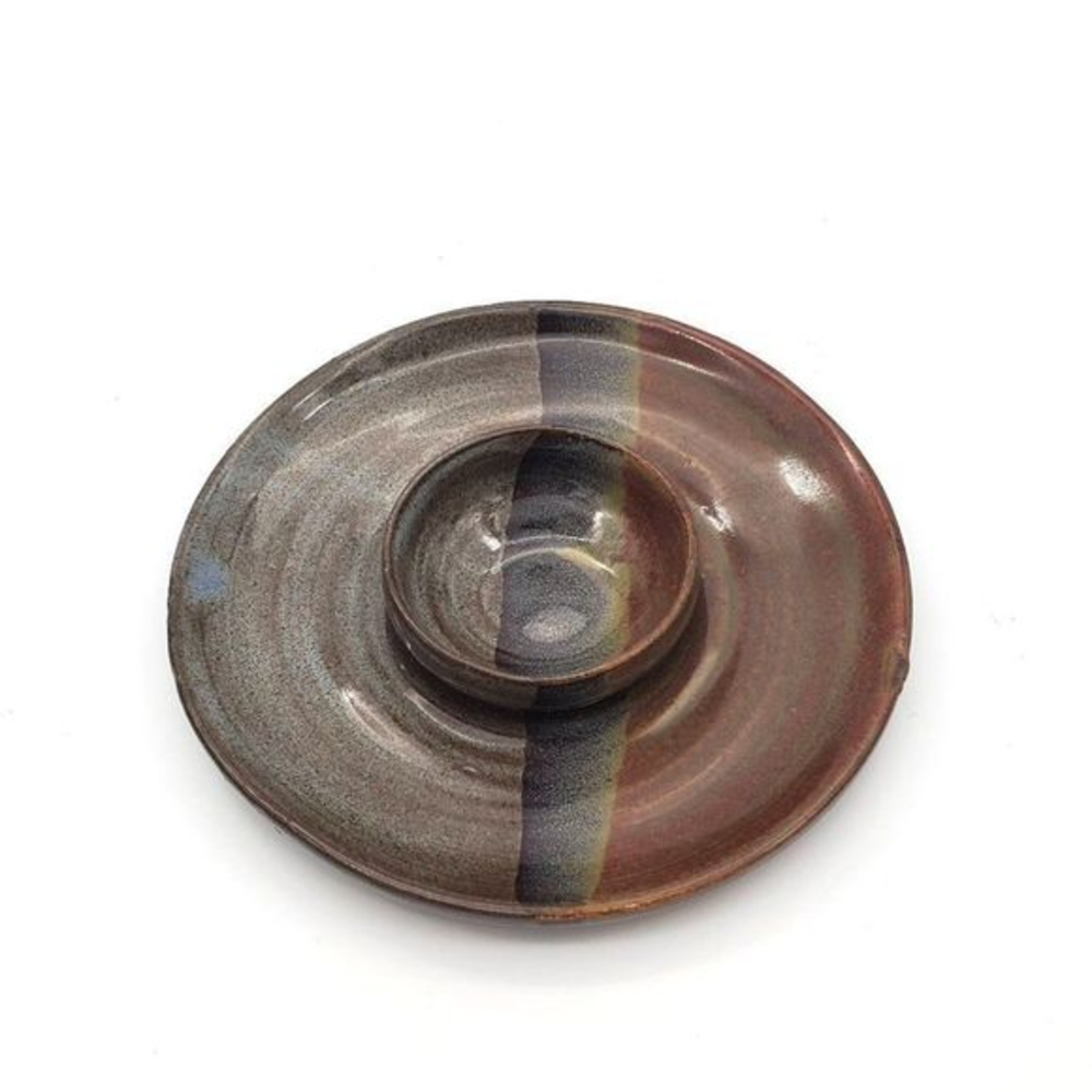 Vintage Stoneware Pottery Votive Candle Holder Modern MCM Metallic Striped Ombre